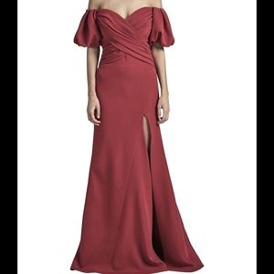 Rachel Gilbert Amalia Red Off the Shoulder Puff Sleeve Gown with Slit Size 8